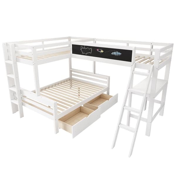 Våningssäng 2x90x200cm + 140x200cm i trä - med skrivbord och 2 lådor - vit