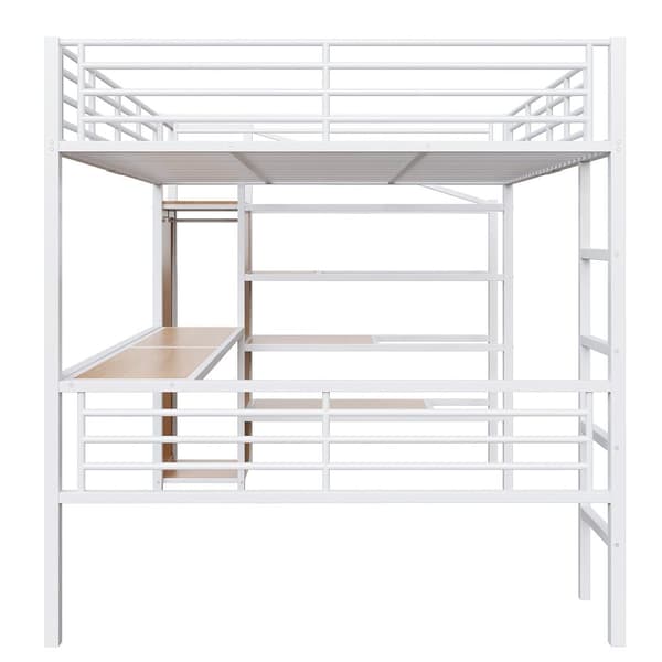 Hems 140x200 cm - med skrivebord - åben garderobe - opbevaringstrin - jernkonstruktion - hvid (madras medfølger ikke)