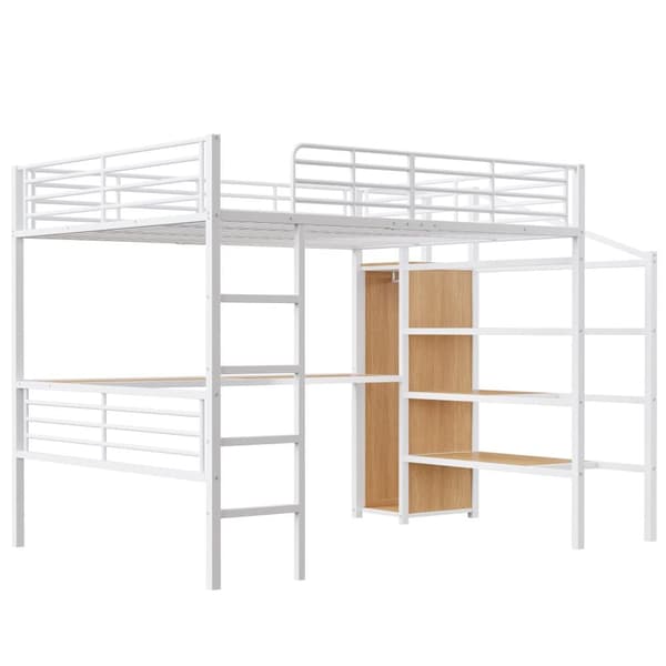 Hems 140x200 cm - med skrivebord - åben garderobe - opbevaringstrin - jernkonstruktion - hvid (madras medfølger ikke)
