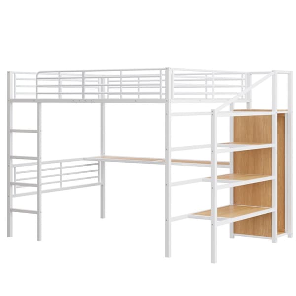 Hems 140x200 cm - med skrivebord - åben garderobe - opbevaringstrin - jernkonstruktion - hvid (madras medfølger ikke)
