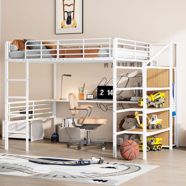 Hems 140x200 cm - med skrivebord - åben garderobe - opbevaringstrin - jernkonstruktion - hvid (madras medfølger ikke)