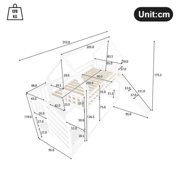 Køjeseng i træ 90 x 200 cm - med barrierer + opbevaringsstige + rutsjebane - hvid