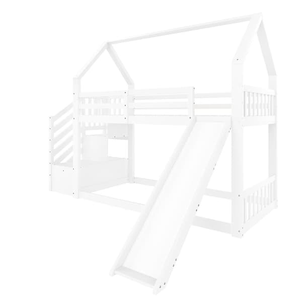 Køjeseng i træ 90 x 200 cm - med barrierer + opbevaringsstige + rutsjebane - hvid
