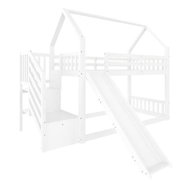 Køjeseng i træ 90 x 200 cm - med barrierer + opbevaringsstige + rutsjebane - hvid