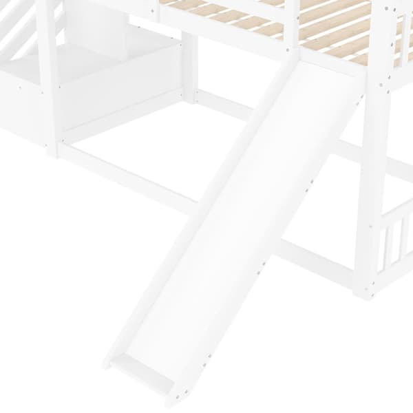 Køjeseng i træ 90 x 200 cm - med barrierer + opbevaringsstige + rutsjebane - hvid