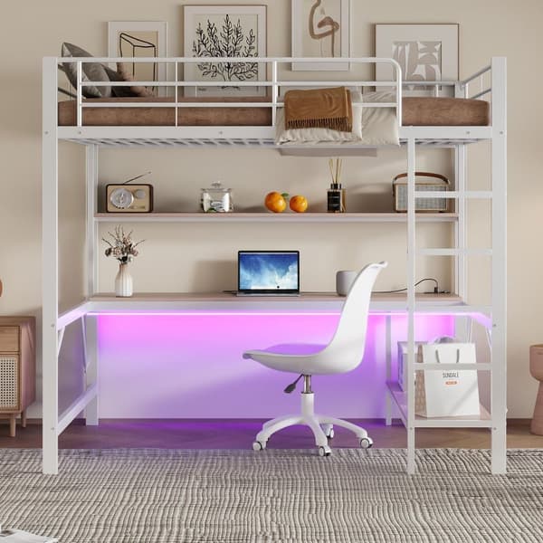 Parvisänky 140x200 cm - putoamissuojalla - tikkailla - USB:llä ja pistorasialla - LED-lampulla - työpöydällä + hyllyillä useissa tasoissa - valkoinen