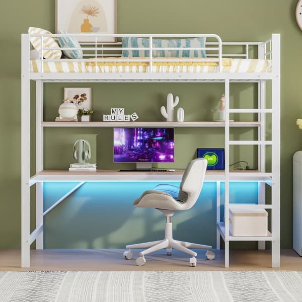 Hems 90x200 cm - med faldsikring - med stige - med USB og stikkontakt - med LED-lampe - med skrivebord + hylder i flere niveauer - hvid (uden madras)