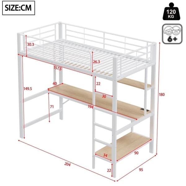Hems 90x200 cm - med faldsikring - med stige - med USB og stikkontakt - med LED-lampe - med skrivebord + hylder i flere niveauer - hvid (uden madras)