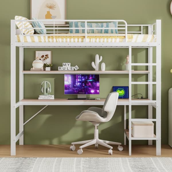 Loftsäng 90x200 cm - med fallskydd - med stege - med USB och uttag - med LED-lampa - med skrivbord + hyllor i flera våningar - vit (utan madrass)