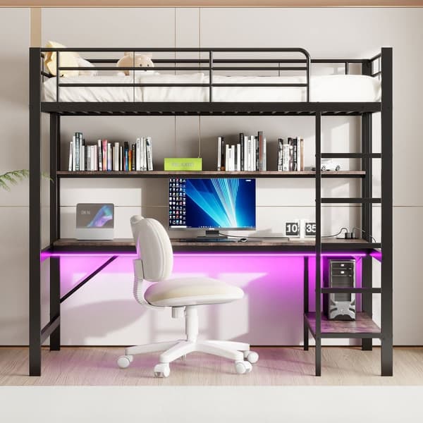 Parvisänky 90x200 cm - putoamissuojalla - tikkailla - USB:llä ja pistorasialla - LED-lampulla - työpöydällä + hyllyillä useissa kerroksissa - musta