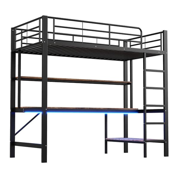 Parvisänky 90x200 cm - putoamissuojalla - tikkailla - USB:llä ja pistorasialla - LED-lampulla - työpöydällä + hyllyillä useissa kerroksissa - musta