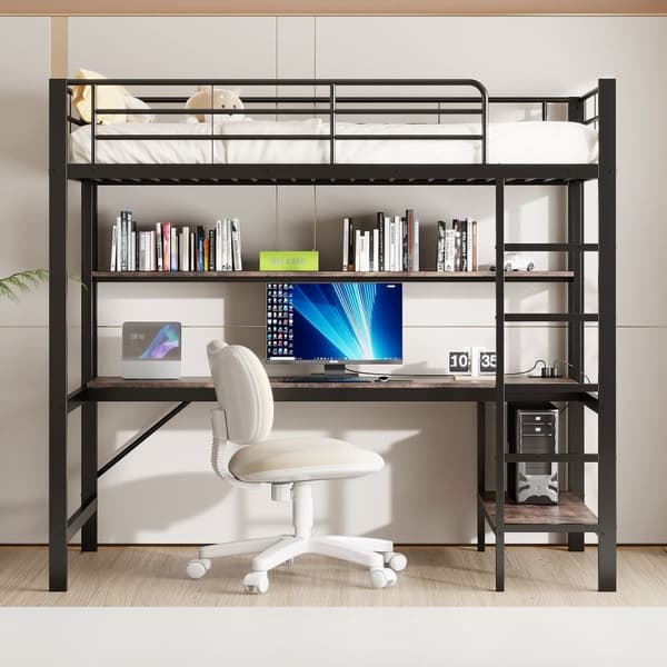 Loftsäng 90x200 cm - med fallskydd - med stege - med USB och uttag - med LED-lampa - med skrivbord + hyllor i flera våningar - svart (utan madrass)