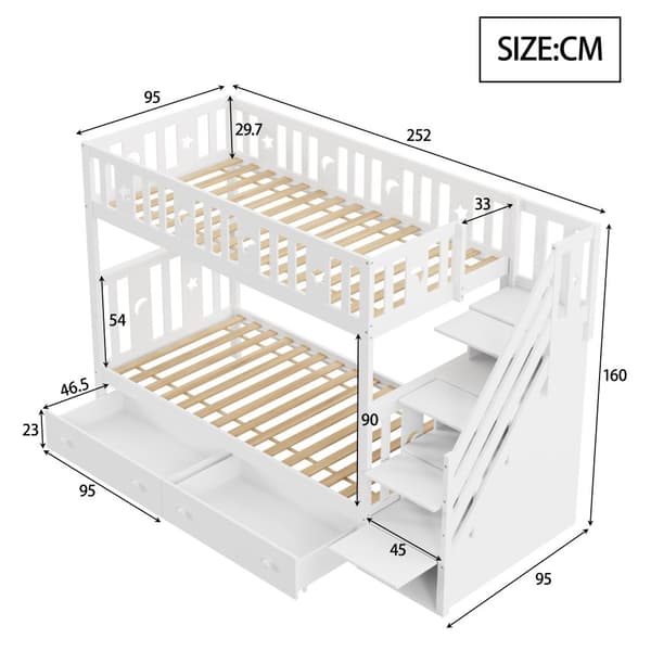 Våningssäng för barn 90 x 200 cm - massivt trä - med förvaringstrappa och 2 lådor - vit