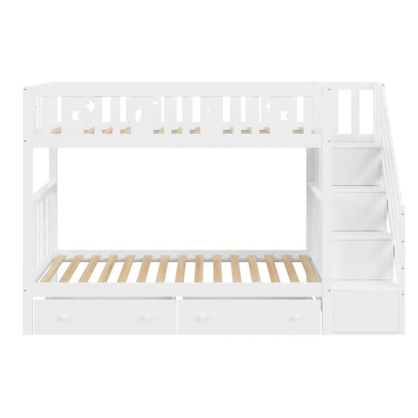 Våningssäng för barn 90 x 200 cm - massivt trä - med förvaringstrappa och 2 lådor - vit