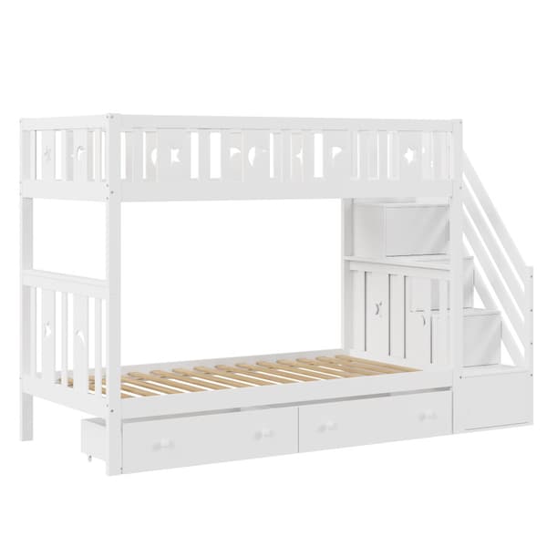 Våningssäng för barn 90 x 200 cm - massivt trä - med förvaringstrappa och 2 lådor - vit