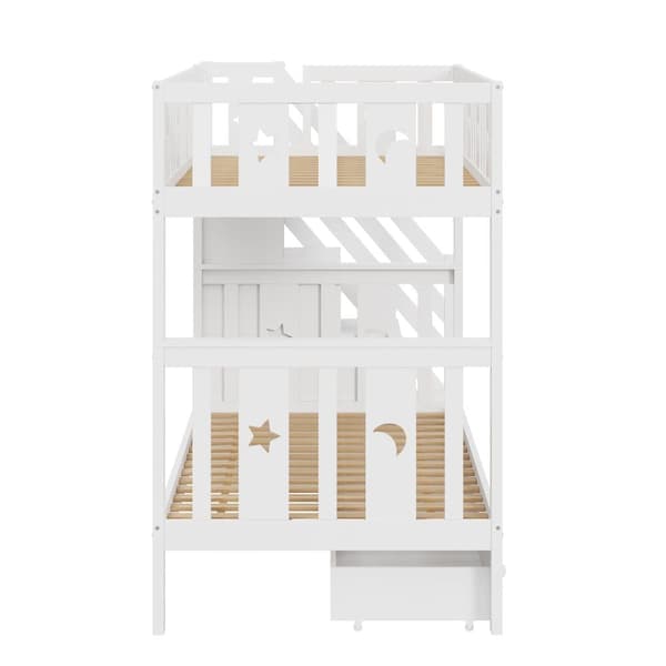 Våningssäng för barn 90 x 200 cm - massivt trä - med förvaringstrappa och 2 lådor - vit