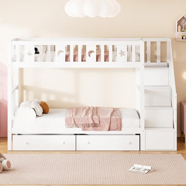 Våningssäng för barn 90 x 200 cm - massivt trä - med förvaringstrappa och 2 lådor - vit