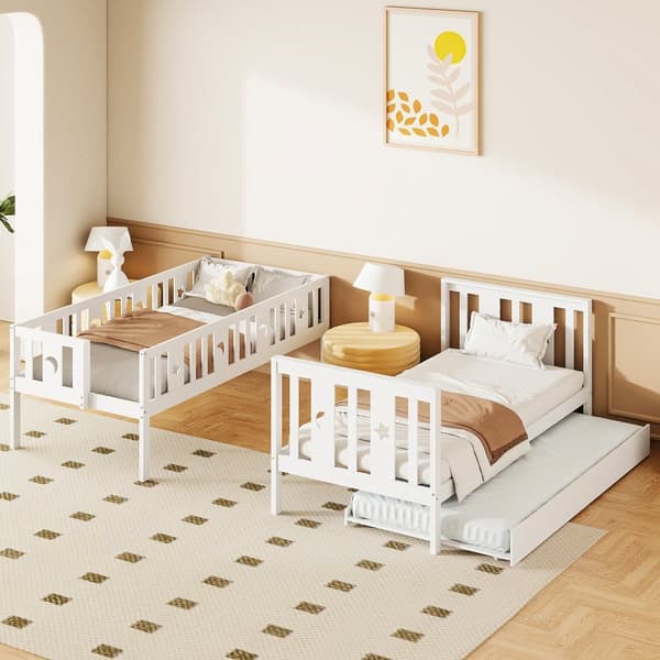 Våningssäng för barn 90 x 200 cm + utdragbar säng 90 x 190 cm - massivt trä - med förvaringstrappa - vit