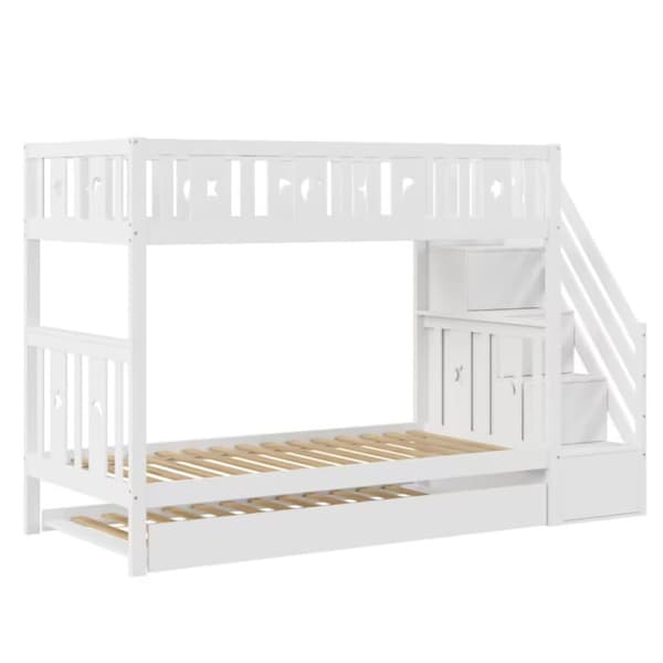 Våningssäng för barn 90 x 200 cm + utdragbar säng 90 x 190 cm - massivt trä - med förvaringstrappa - vit