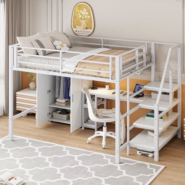 140x200 cm Metal Hems Seng - med Skrivebord, Garderobe og Opbevaringsstige - Hvid