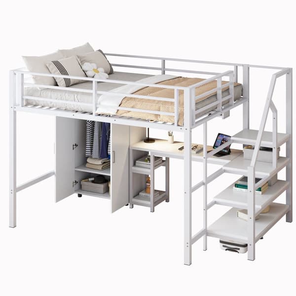 140x200 cm Metal Hems Seng - med Skrivebord, Garderobe og Opbevaringsstige - Hvid
