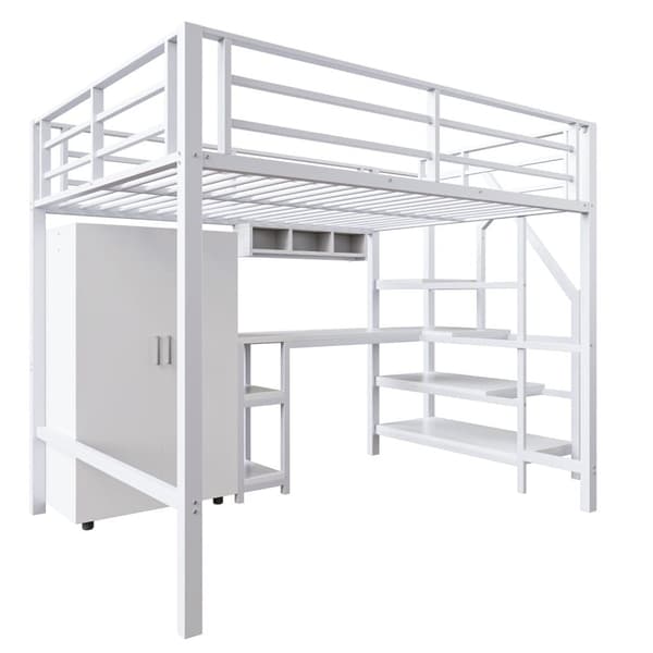 140x200 cm Metal Hems Seng - med Skrivebord, Garderobe og Opbevaringsstige - Hvid