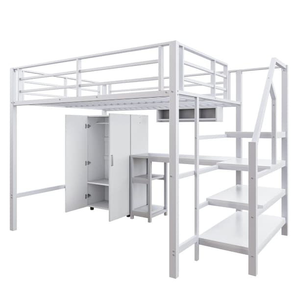 140x200 cm Metal Hems Seng - med Skrivebord, Garderobe og Opbevaringsstige - Hvid