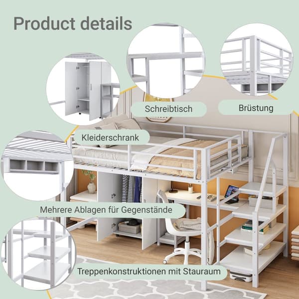 140x200 cm Metal Hems Seng - med Skrivebord, Garderobe og Opbevaringsstige - Hvid