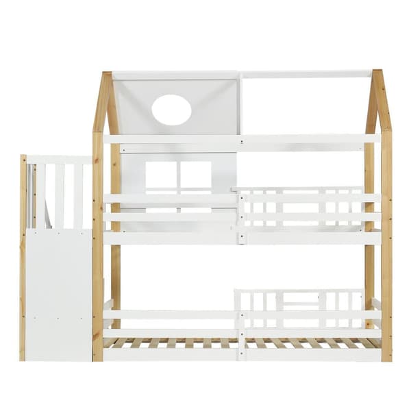 Våningssäng av furu och MDF - med förvaringstrappa - 90 x 200 cm - vit & natur
