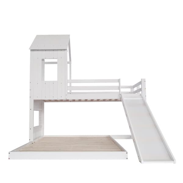 Køjeseng til børn med rutsjebane og stige - 90 x 200 cm + 140 x 200 cm - lavet af fyrretræ og MDF - hvid