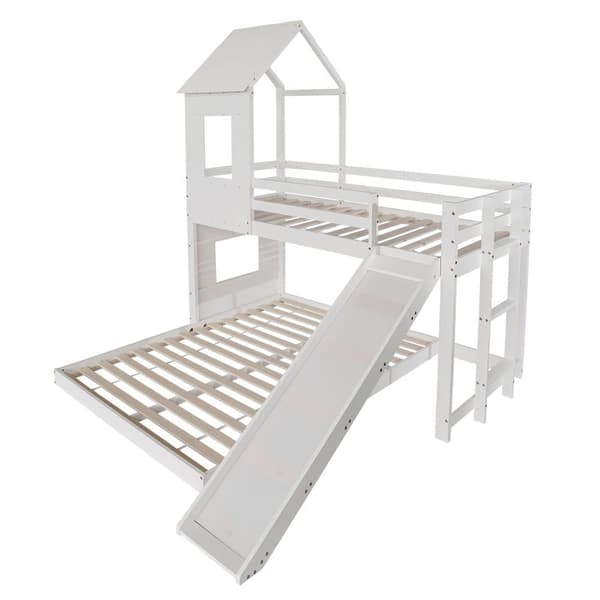 Køjeseng til børn med rutsjebane og stige - 90 x 200 cm + 140 x 200 cm - lavet af fyrretræ og MDF - hvid