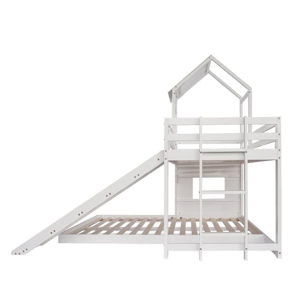 Køjeseng til børn med rutsjebane og stige - 90 x 200 cm + 140 x 200 cm - lavet af fyrretræ og MDF - hvid
