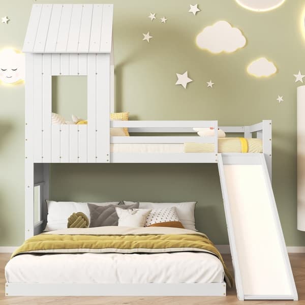 Våningssäng för barn med rutschkana och stege - 90 x 200 cm + 140 x 200 cm - tillverkad av furu och MDF - vit