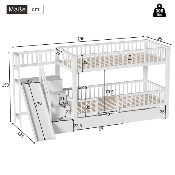 Våningssäng av trä och MDF - 90 x 200 cm - med glidbana och trappa - vit (utan madrass)