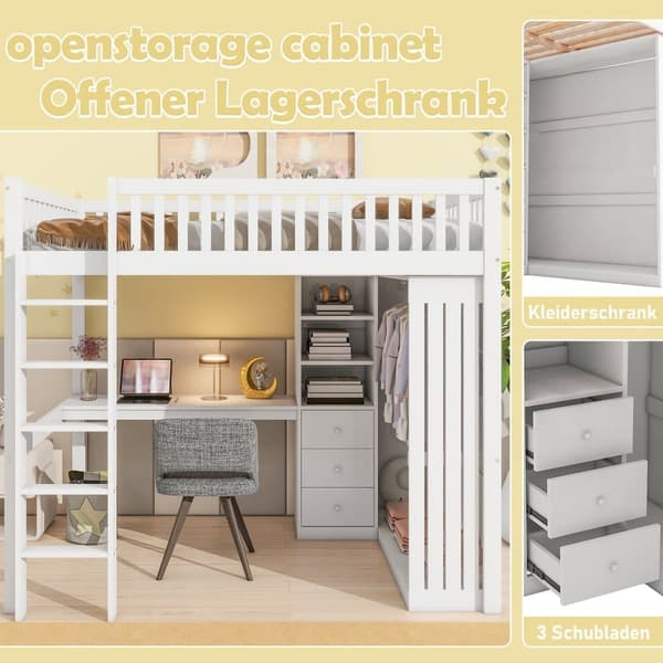 140x200 cm loftseng i træ - med skrivebord og garderobe - hvid