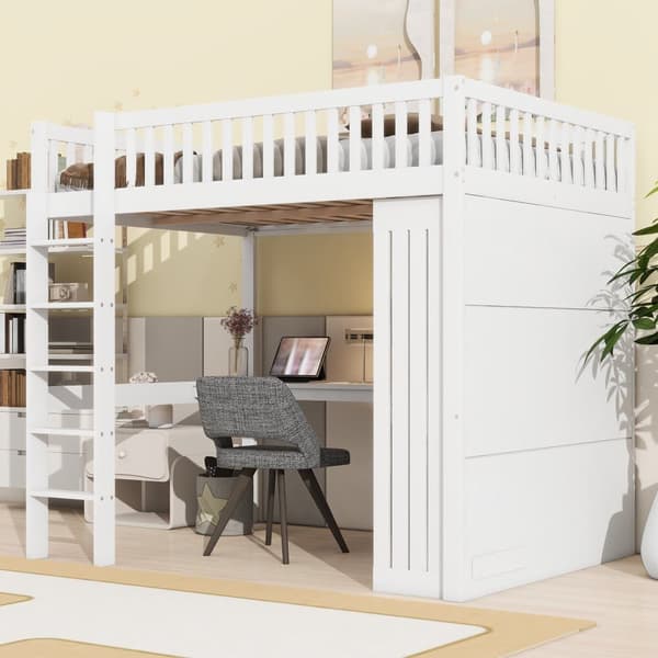 140x200 cm loftseng i træ - med skrivebord og garderobe - hvid