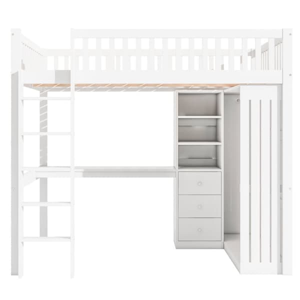 140x200 cm loftseng i træ - med skrivebord og garderobe - hvid