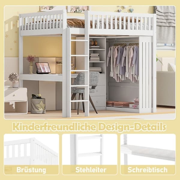 140x200 cm loftseng i træ - med skrivebord og garderobe - hvid