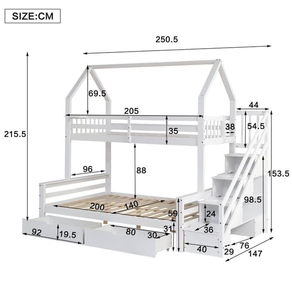 Männystä ja MDF:stä valmistettu kerrossänky - 90 x 200 cm + 140 x 200 cm - säilytystikkailla ja 2 laatikolla - valkoinen