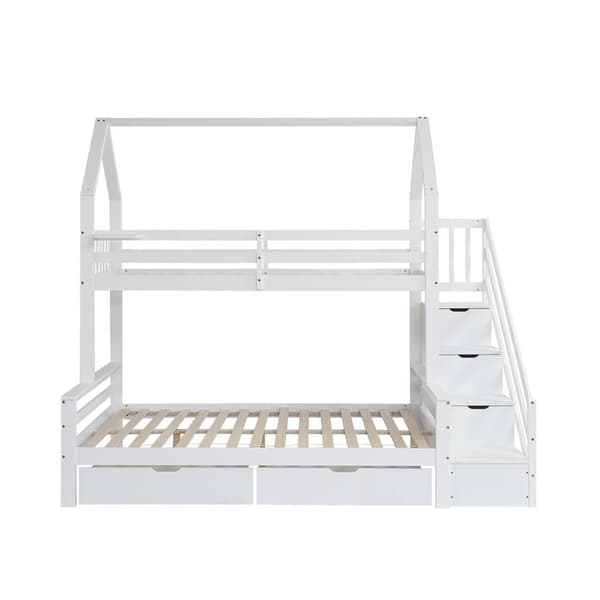 Männystä ja MDF:stä valmistettu kerrossänky - 90 x 200 cm + 140 x 200 cm - säilytystikkailla ja 2 laatikolla - valkoinen