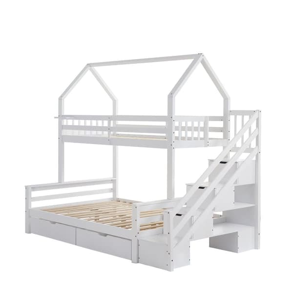 Männystä ja MDF:stä valmistettu kerrossänky - 90 x 200 cm + 140 x 200 cm - säilytystikkailla ja 2 laatikolla - valkoinen