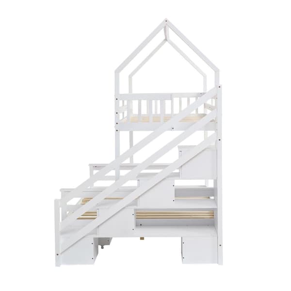Männystä ja MDF:stä valmistettu kerrossänky - 90 x 200 cm + 140 x 200 cm - säilytystikkailla ja 2 laatikolla - valkoinen