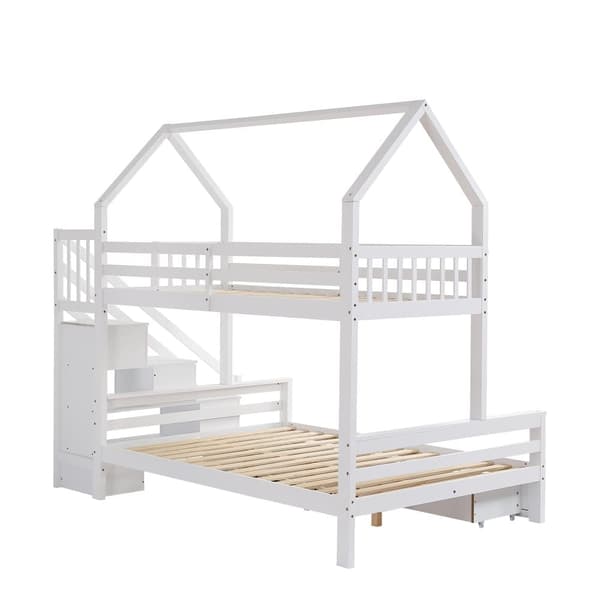 Männystä ja MDF:stä valmistettu kerrossänky - 90 x 200 cm + 140 x 200 cm - säilytystikkailla ja 2 laatikolla - valkoinen
