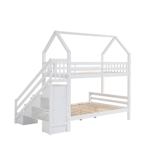 Männystä ja MDF:stä valmistettu kerrossänky - 90 x 200 cm + 140 x 200 cm - säilytystikkailla ja 2 laatikolla - valkoinen
