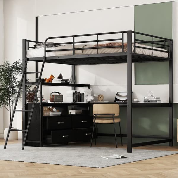 Hems seng 140x200cm - Hjørneskrivebord med skuffer - lavet af MDF og metal - Sort