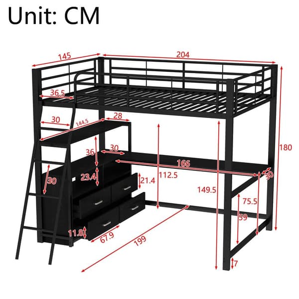 Hems seng 140x200cm - Hjørneskrivebord med skuffer - lavet af MDF og metal - Sort