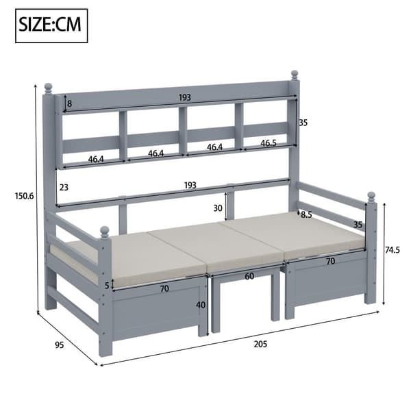 Vuodesohva 200x90 cm - 2 in 1 sänky ja työpöytä - kirjahyllyllä - mukavilla tyynyillä - massiivipuu - harmaa