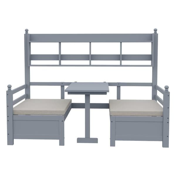 Vuodesohva 200x90 cm - 2 in 1 sänky ja työpöytä - kirjahyllyllä - mukavilla tyynyillä - massiivipuu - harmaa