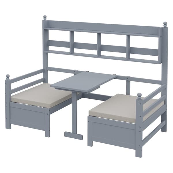 Vuodesohva 200x90 cm - 2 in 1 sänky ja työpöytä - kirjahyllyllä - mukavilla tyynyillä - massiivipuu - harmaa