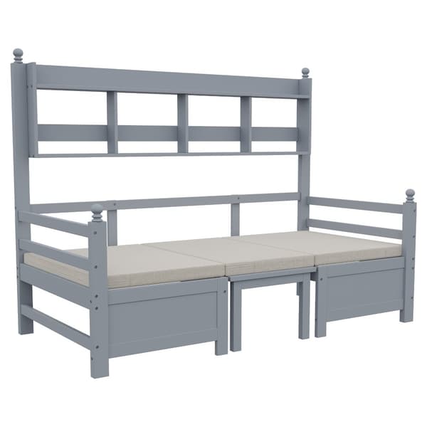 Vuodesohva 200x90 cm - 2 in 1 sänky ja työpöytä - kirjahyllyllä - mukavilla tyynyillä - massiivipuu - harmaa
